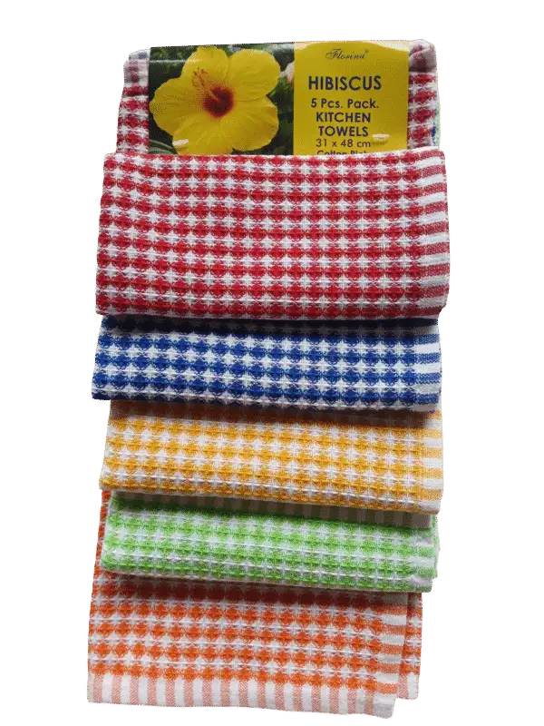 Hibiscus "Florina" Pack of 5pcs Fingertip Kitchen Towel | Cotton Rich Hand Towel Pack | Quick Absorbent | Cleaning Napkin | Multi Purpose Cleaning Cloth | Size: 31 x 48 Cm (12.2 x 18.8 in)  | Mini-Honey Comb Weave